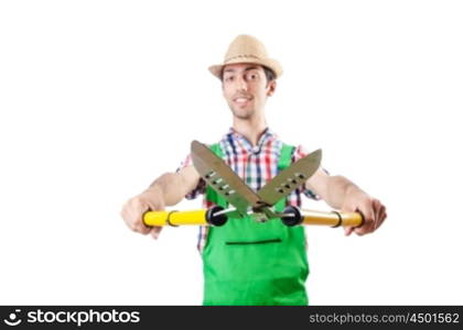 Man gardener with shears on white