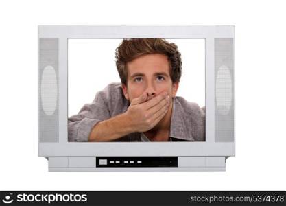 Man gasping inside a TV screen
