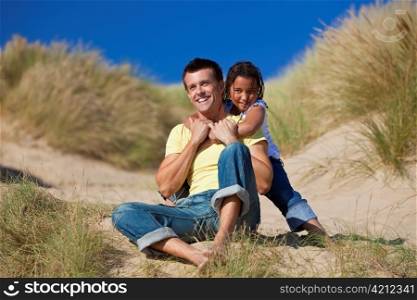 Man & Girl, Happy Father and Daughter Playing At Beach