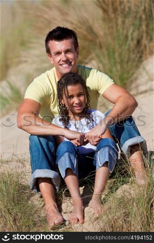 Man & Girl, Happy Father and Daughter Sitting At Beach