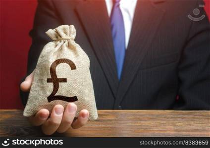 Man gives a british pound sterling money bag. Loan issuance. Financial support, leasing. Investments, financing Lobbying. Accounting and accounting, tax payment. Funding. Earnings and profits.