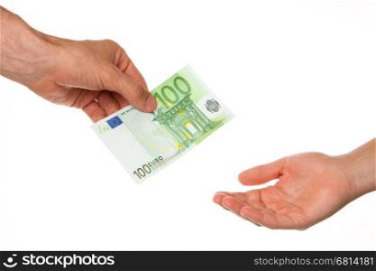 Man giving 100 euro to a woman, isolated on white