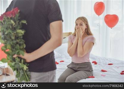 Man giving Rose flower to girl for Valentine?s day
