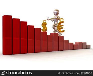 Man going to step schedule. Balance of dollar and euro. 3d