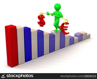 Man going to step schedule. Balance of dollar and euro. 3d