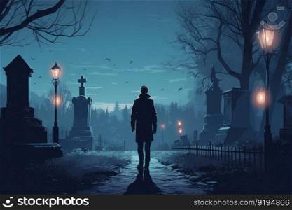 Man graveyard night. Walking mystery. Generate Ai. Man graveyard night. Generate Ai