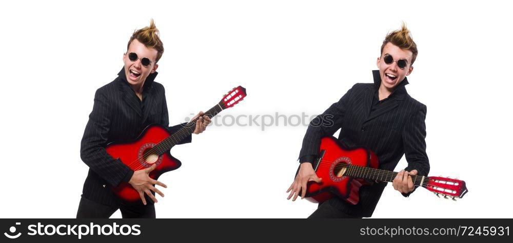 Man guitar player isolated on white