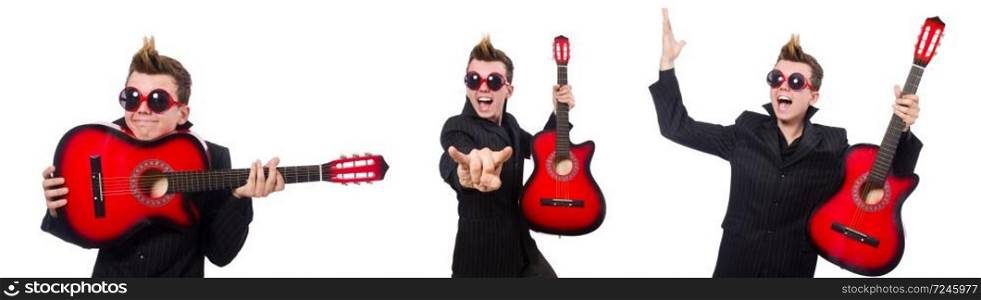 Man guitar player isolated on white