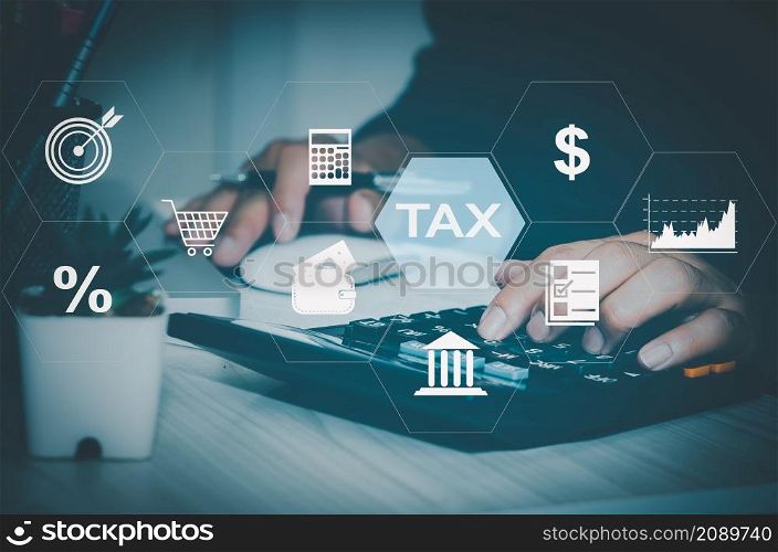 Man hand calculator virtual icon business tax. Business finance investment and tax online. Technology concept on the Internet.