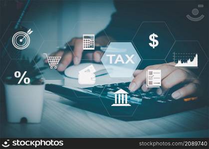 Man hand calculator virtual icon business tax. Business finance investment and tax online. Technology concept on the Internet.