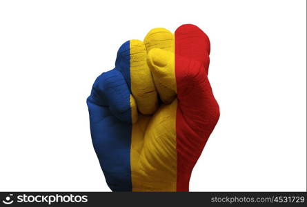 man hand fist painted country flag of romania