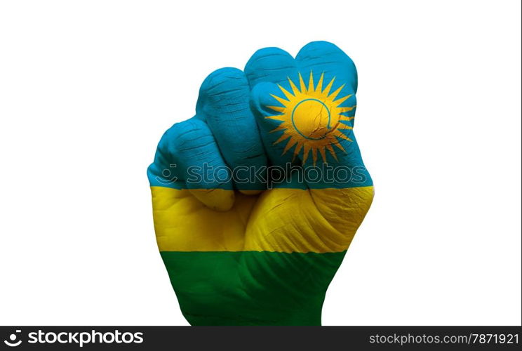 man hand fist painted country flag of rwanda