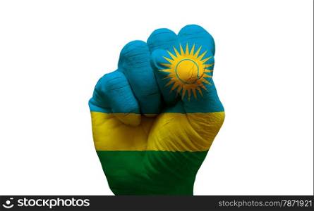 man hand fist painted country flag of rwanda