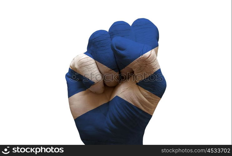 man hand fist painted country flag of scotland