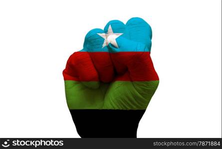 man hand fist painted country flag of somalia bantu liberation