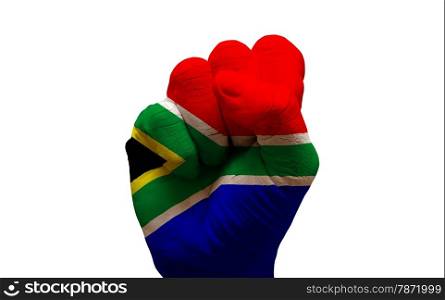 man hand fist painted country flag of south africa