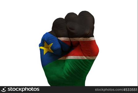 man hand fist painted country flag of south sudan