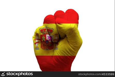 man hand fist painted country flag of spain