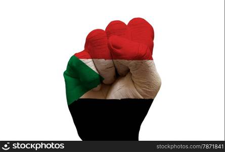 man hand fist painted country flag of sudan