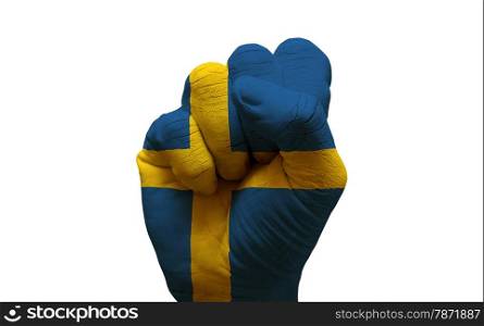 man hand fist painted country flag of sweden