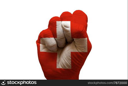 man hand fist painted country flag of switzerland