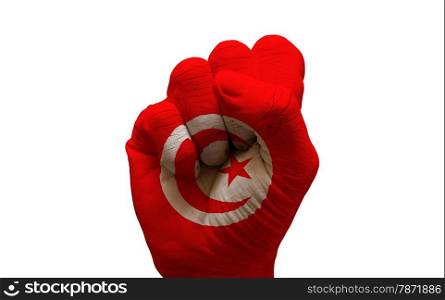 man hand fist painted country flag of tunisia