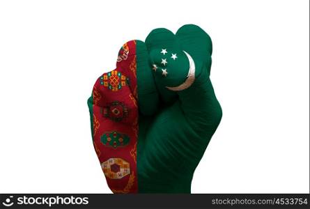 man hand fist painted country flag of turkmenistan