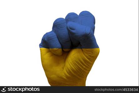 man hand fist painted country flag of ukraine
