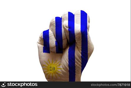 man hand fist painted country flag of uruguay