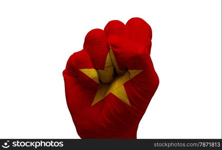 man hand fist painted country flag of vietnam