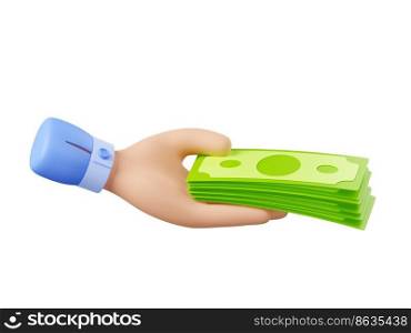 Man hand giving paper money cash stack. Concept of income, payment, transaction, investment with hand holding bundle of currency, paper dollar bills, 3d render illustration. 3d man hand giving paper money cash stack