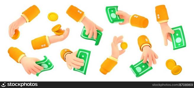 Man hand hold coins and paper cash money. Person hand with dollar banknotes, bills, gold coins for paying, giving for charity, exchange, taking, 3d render illustration isolated on white background. Man hand hold coins and paper cash money
