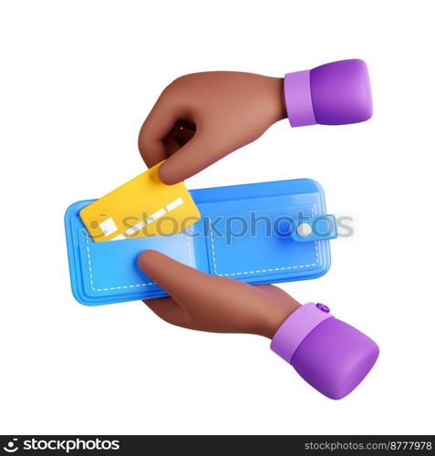 Man hand hold open wallet and take out bank card from it. Concept of income, money exchange, payment, shopping with customer hand with purse and credit card, 3d render illustration. Man hand hold wallet and take out bank card