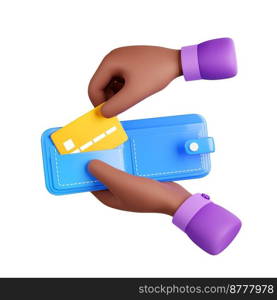 Man hand hold open wallet and take out bank card from it. Concept of income, money exchange, payment, shopping with customer hand with purse and credit card, 3d render illustration. Man hand hold wallet and take out bank card