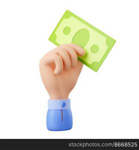 Man hand hold paper cash money, dollar banknote. Concept of payment, giving currency, finance, spend money, 3d render illustration with dollar bill in hand isolated on white background. 3d hand hold paper cash money, dollar banknote