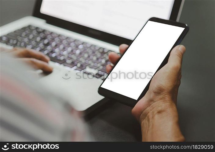 man hand holding a blank screen mockup smart phone