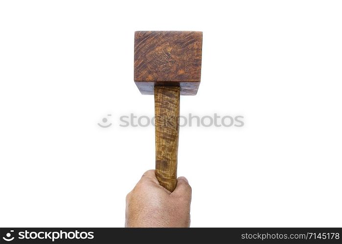 Man hand holding a mallet hammer made of burl wood tools for used by carpenter in workshop on isolated white blackground