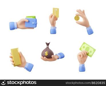 Man hand holding cash money, coin, wallet with currency, paper dollar bills, bank card, sack with dollar sign and gold bullion. Concept of payment, finance, savings, 3d render illustration. 3d man hand holding cash money, coin, wallet