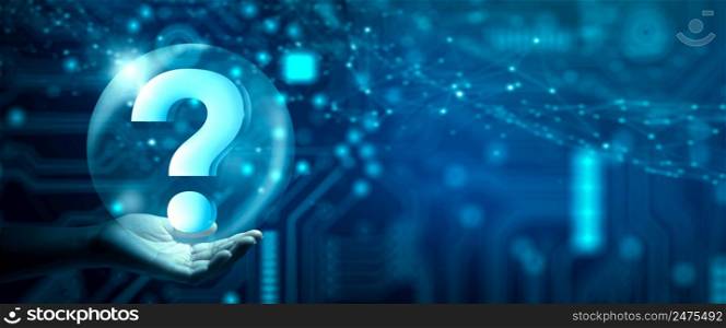 Man hand holding digital question mark holographic. Abstract Technology background. Q and A discussion. FAQ, Support, Question and Answer. Help service business Concept.