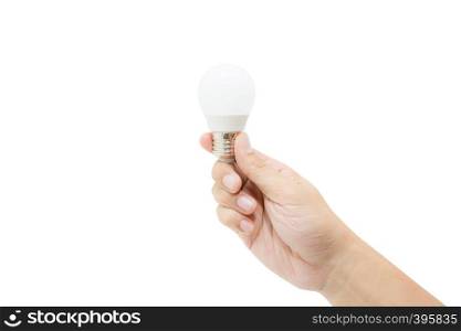 Man hand holding LED light bulb isolated on white background, save energy concept.