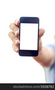 man hand is holding smartphone or phone to show what is on the phone. clipping path of the screen is in jpg.
