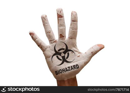 man hand palm painted caution biohazard symbol
