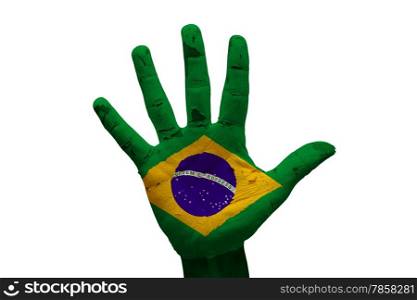 man hand palm painted flag of brazil