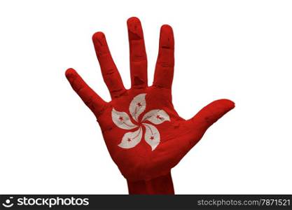 man hand palm painted hong kong flag