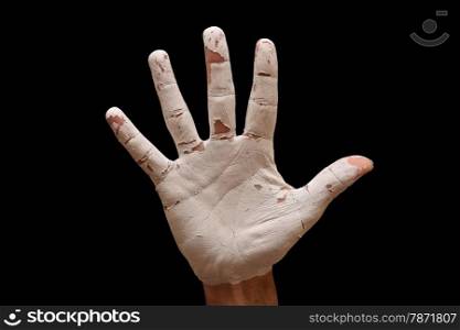 man hand palm painted white grunge paint isolated