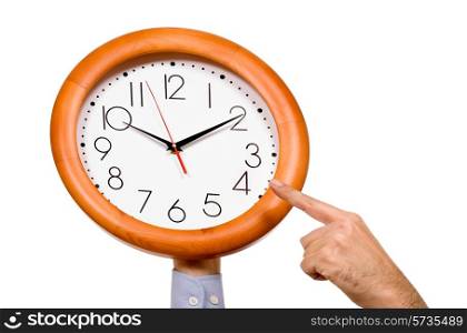 man hand pointing to a clock isolated in white background