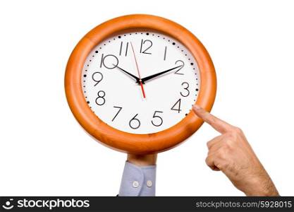 man hand pointing to a clock isolated in white background