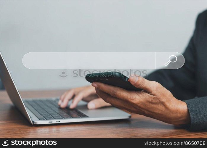 man hand searching browsing for information internet data Technology on computer keyboard notebook.SEO Search Engine Optimization.