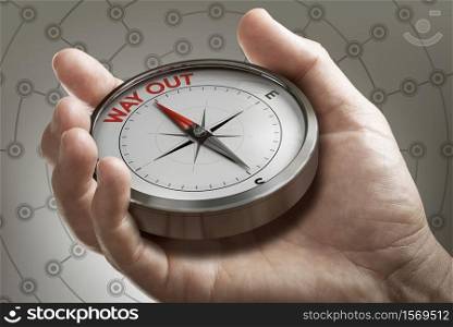 Man hand showing compass with needle pointing the text way out. Concept image to illustrate crisis exit plan or strategy. Composite image between a hand photography and a 3D background.. Crisis exit strategy or plan. Man holding a conceptual compass.