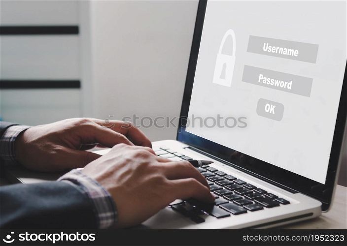 man hand using computer screen to sign in and lock password